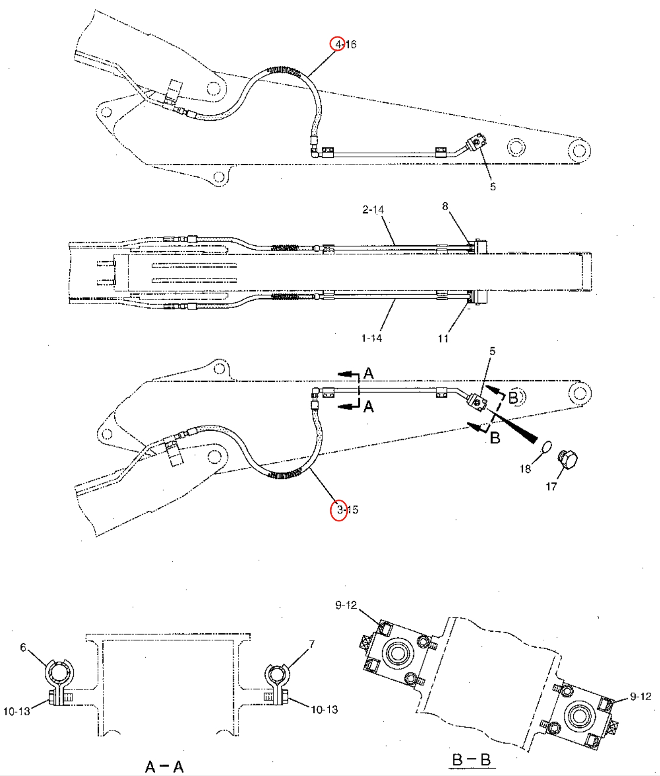 Caterpillar CAT®315B installation diagram showing hydraulic hose 4I-5556 at Pipe No. 4
