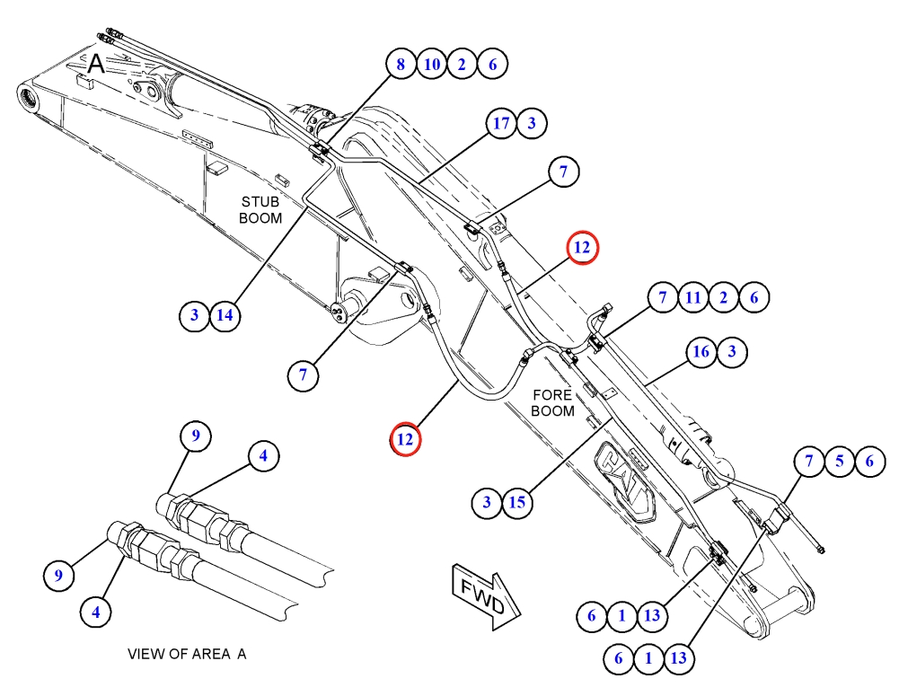 Caterpillar CAT®317 installation diagram showing hydraulic hose 571-1703 at Pipe No. 12