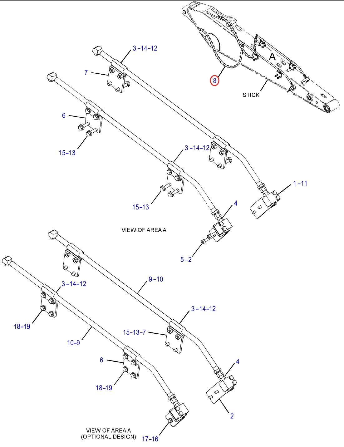 Caterpillar CAT®314F CR installation diagram showing hydraulic hose 372-9830 at Pipe No. 8