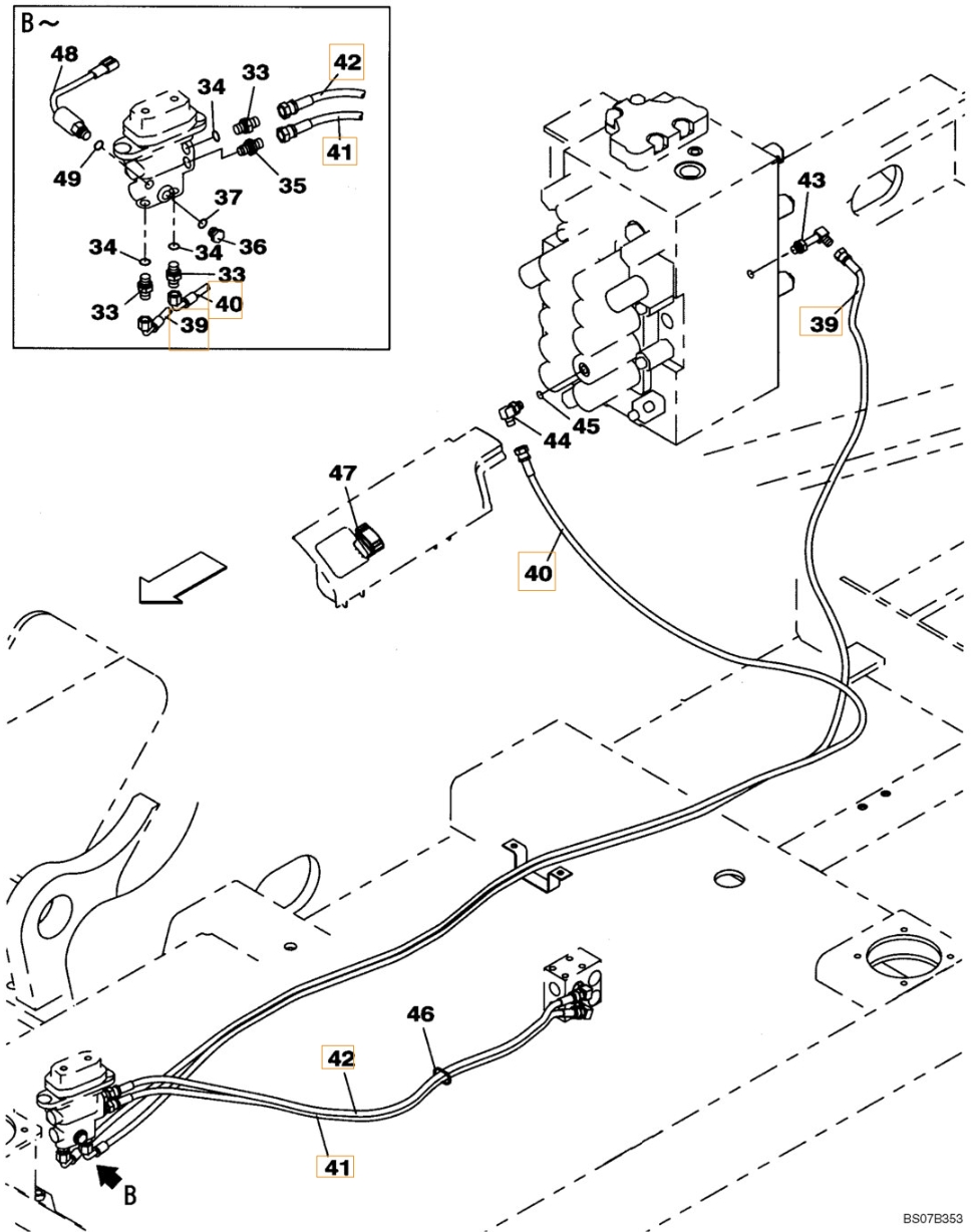 Case CX240BLR installation diagram showing hydraulic hose KHJ2050 at Pipe No. 41