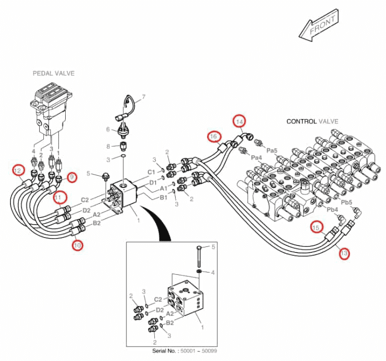 Doosan DX60R installation diagram showing hydraulic hose DS2093663 at Pipe No. 16