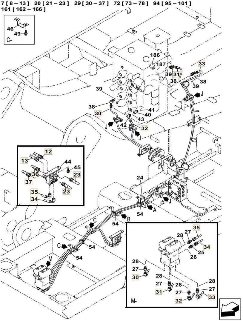 Case CX500C LC ME installation diagram showing hydraulic hose KHJ2092 at Pipe No. 34