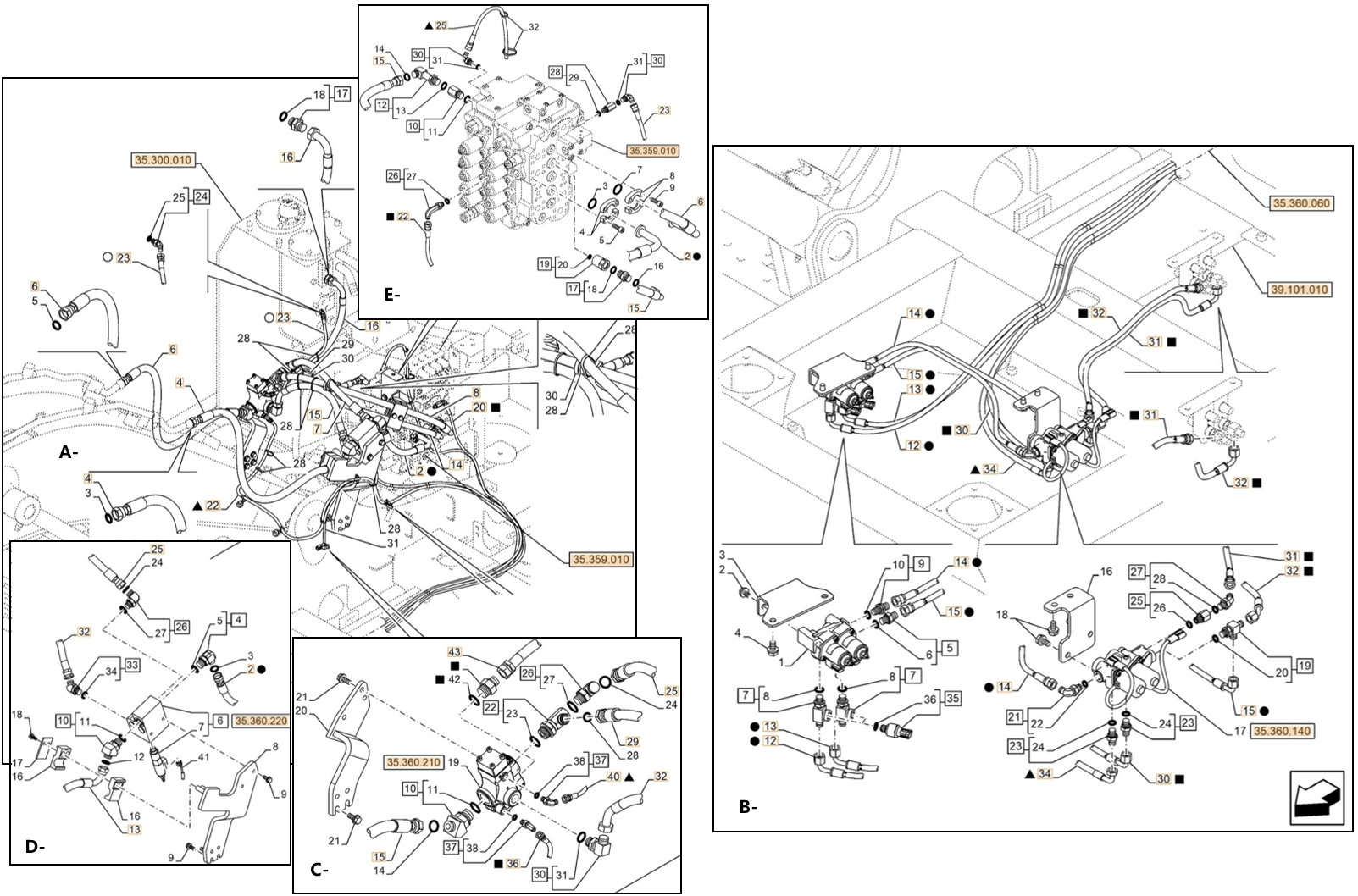 Case CX130E LC installation diagram showing hydraulic hose KHJ2194 at Pipe No. B15