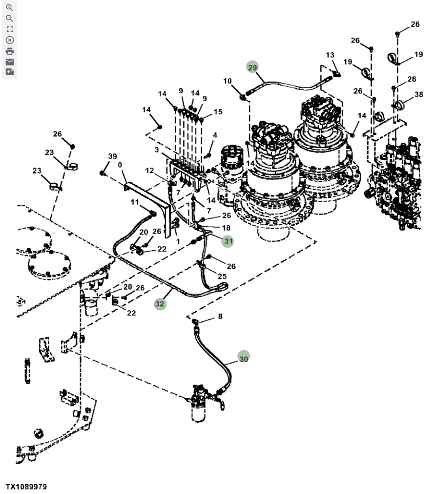Hitachi ZX670LC-6 installation diagram showing hydraulic hose 4487215 at Pipe No. 29