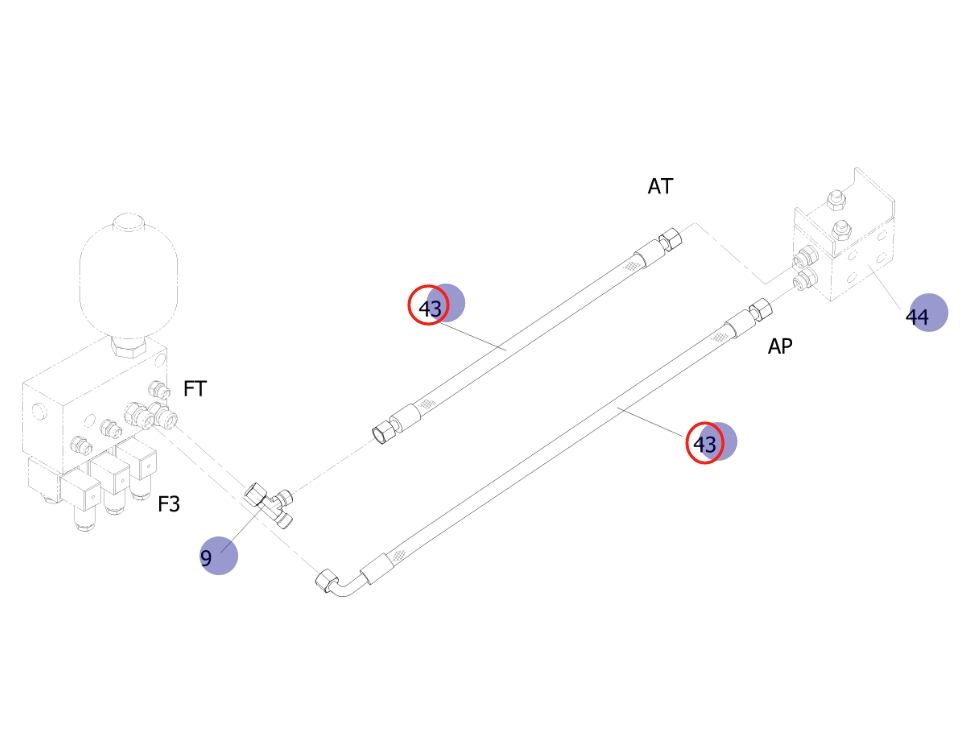 Sunward SWE215F-5 installation diagram showing hydraulic hose 730501000814 at Pipe No. 43