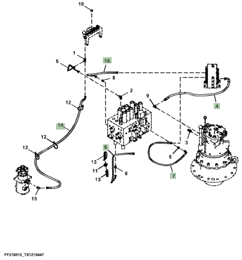 Hitachi ZX210F-FE-6N installation diagram showing hydraulic hose 4630952 at Pipe No. 6
