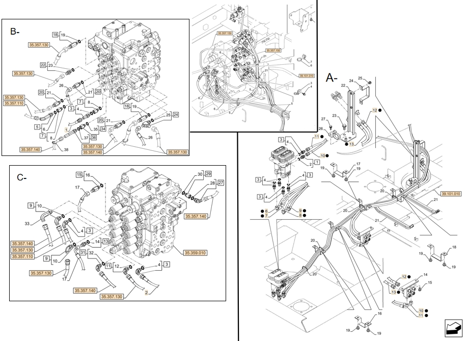 Case CX180D LC installation diagram showing hydraulic hose KHJ2093 at Pipe No. A10