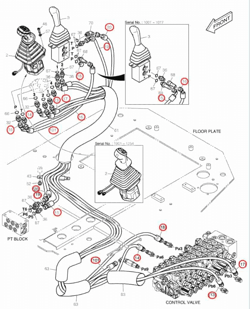 Doosan DX62R-3 installation diagram showing hydraulic hose DS2090184 at Pipe No. 15
