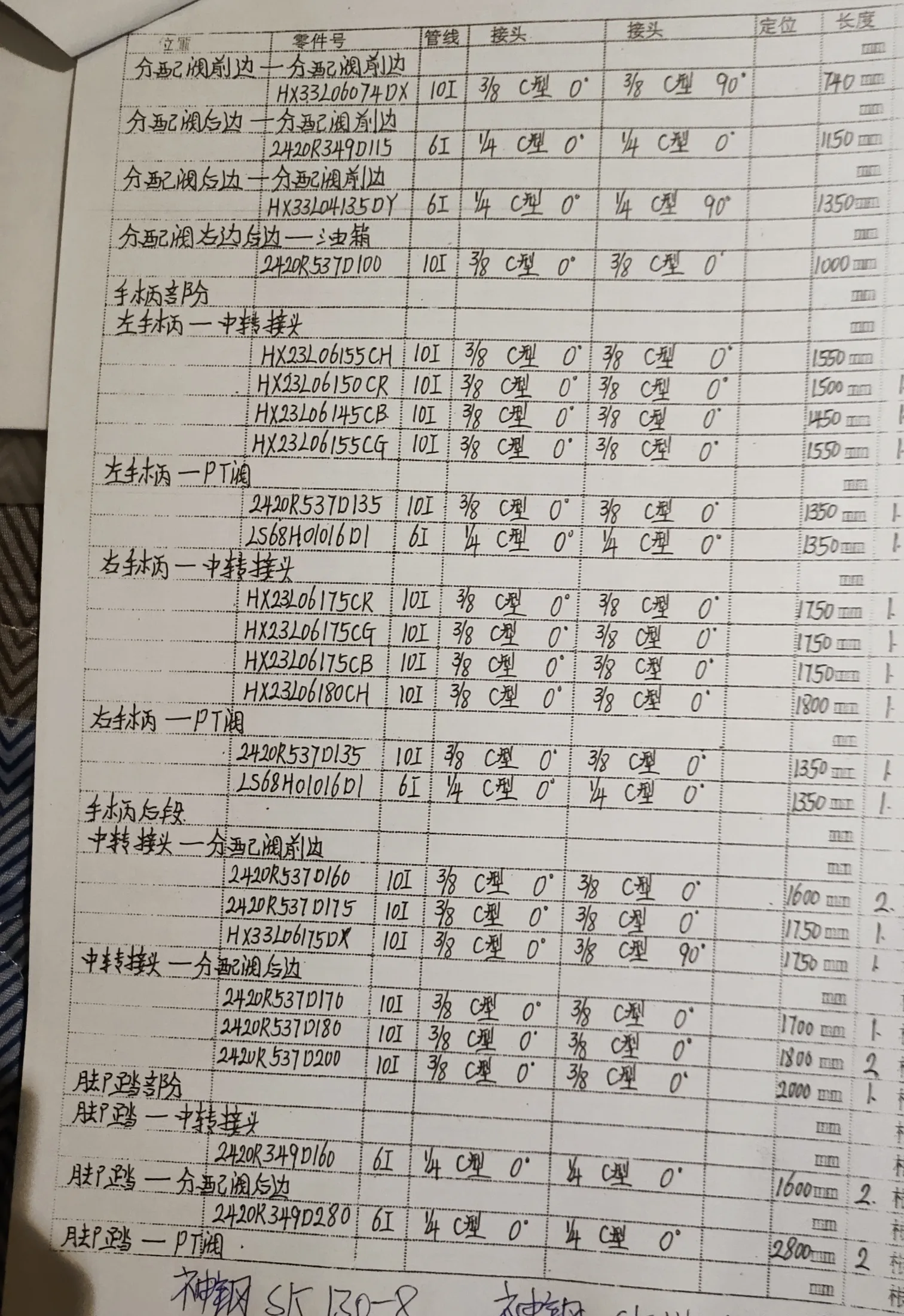 Kobelco SK130-8 hydraulic hose part numbers and recorded lengths — technician notebook page 3 of 4