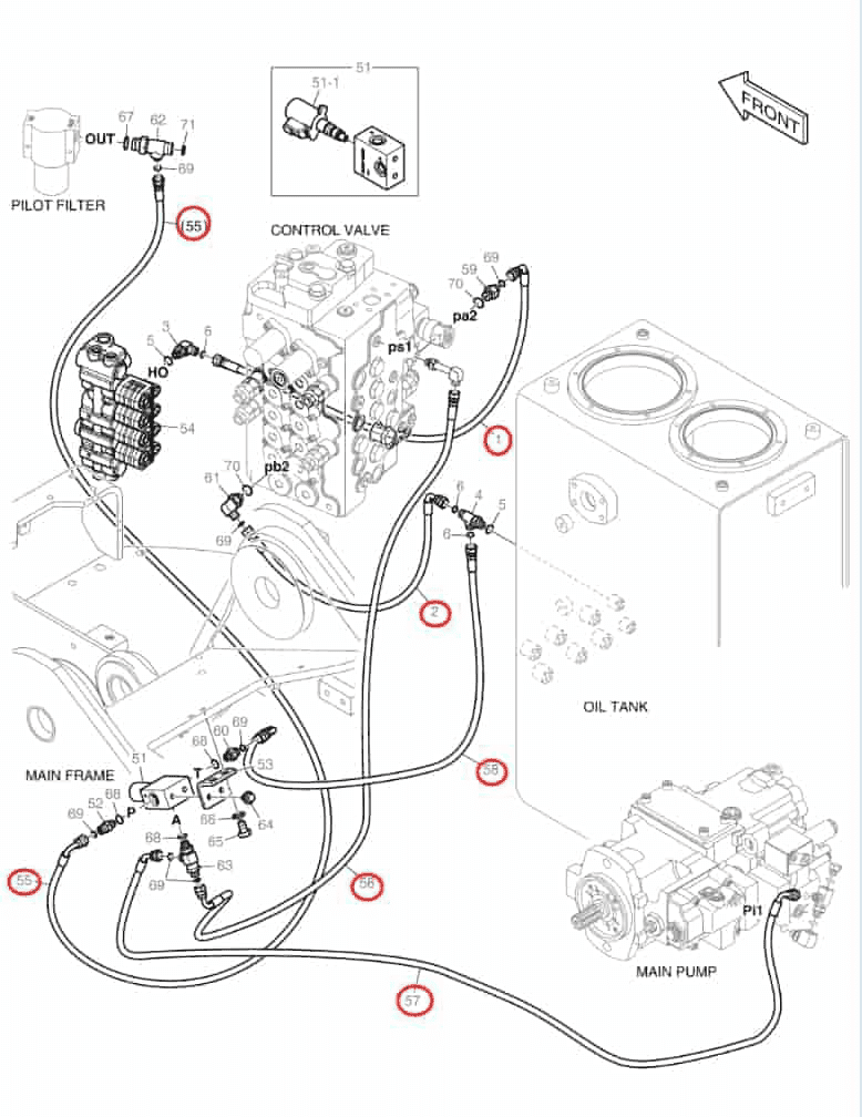 Doosan DX140LCR-5 installation diagram showing hydraulic hose DS2121138 at Pipe No. 2