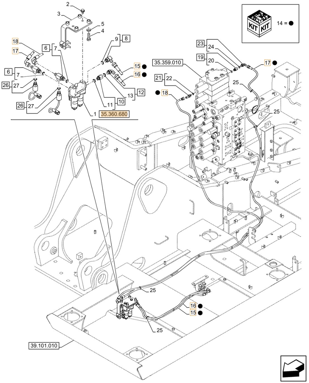 Case CX210D NLC 2PB installation diagram showing hydraulic hose KHJ2249 at Pipe No. 15