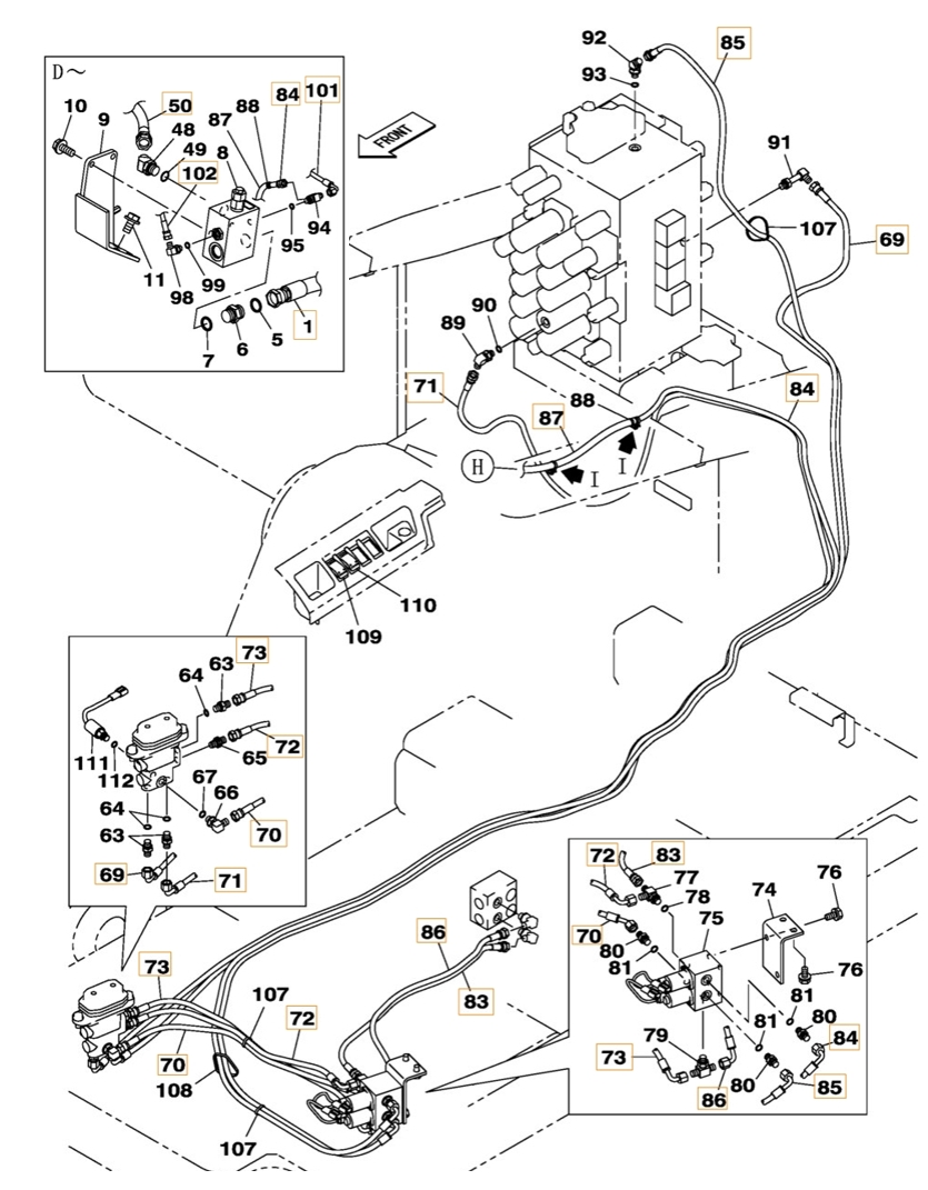 Case CX360B installation diagram showing hydraulic hose KHJ2194 at Pipe No. 73