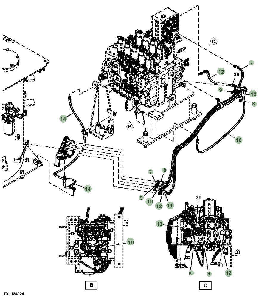 Hitachi ZX470-5A installation diagram showing hydraulic hose 4713494 at Pipe No. 10