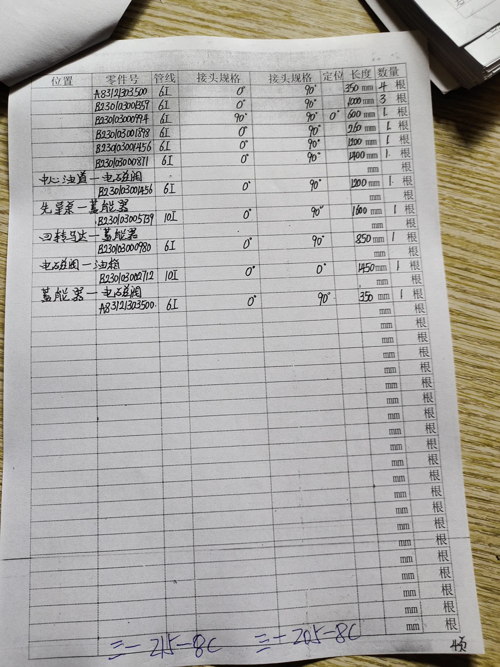 SANY 205-8C hydraulic hose part numbers and recorded lengths — technician notebook page 4 of 4 — recorded hose parts A832303500, B23003000480, B23003001456