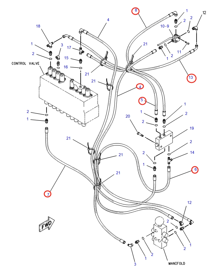 Caterpillar CAT®317-A installation diagram showing hydraulic hose 7I-0181 at Pipe No. 7