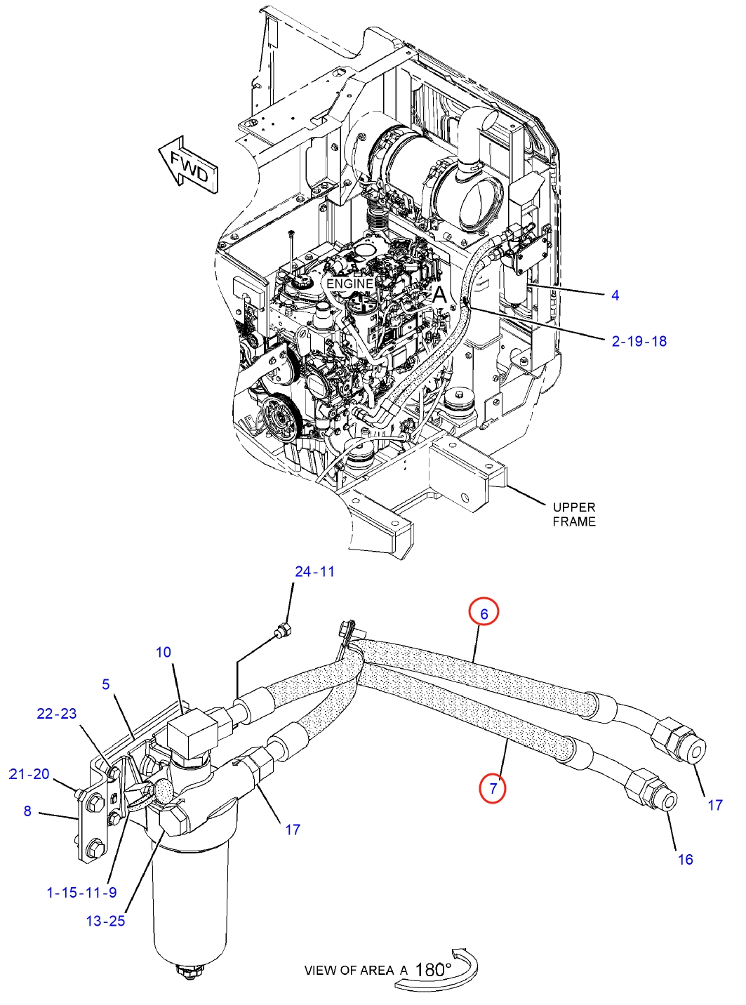 Caterpillar CAT®312E L installation diagram showing hydraulic hose 351-3993 at Pipe No. 6