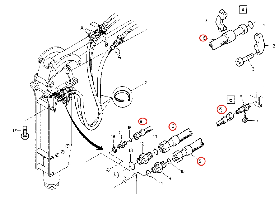 Caterpillar CAT®214B FT installation diagram showing hydraulic hose 8U-2130 at Pipe No. 6