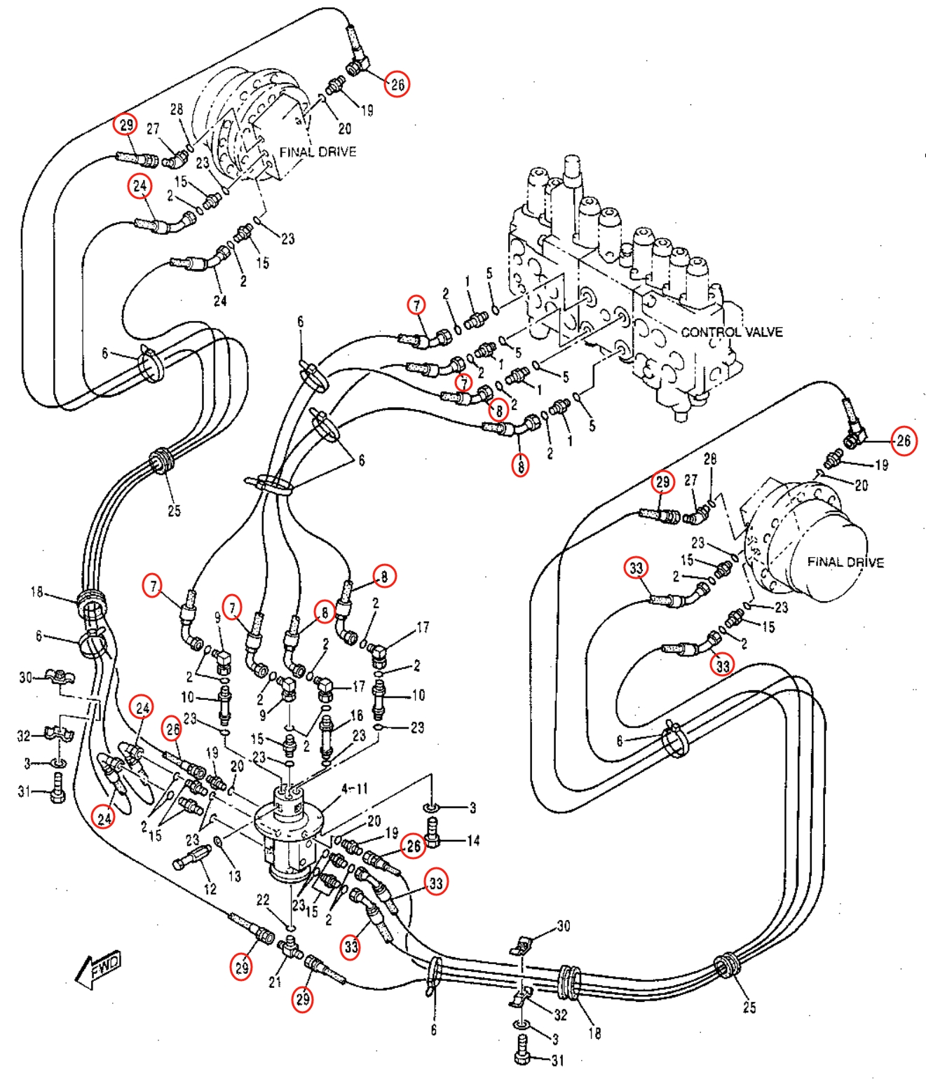 Caterpillar CAT®315B L installation diagram showing hydraulic hose 135-1147 at Pipe No. 29