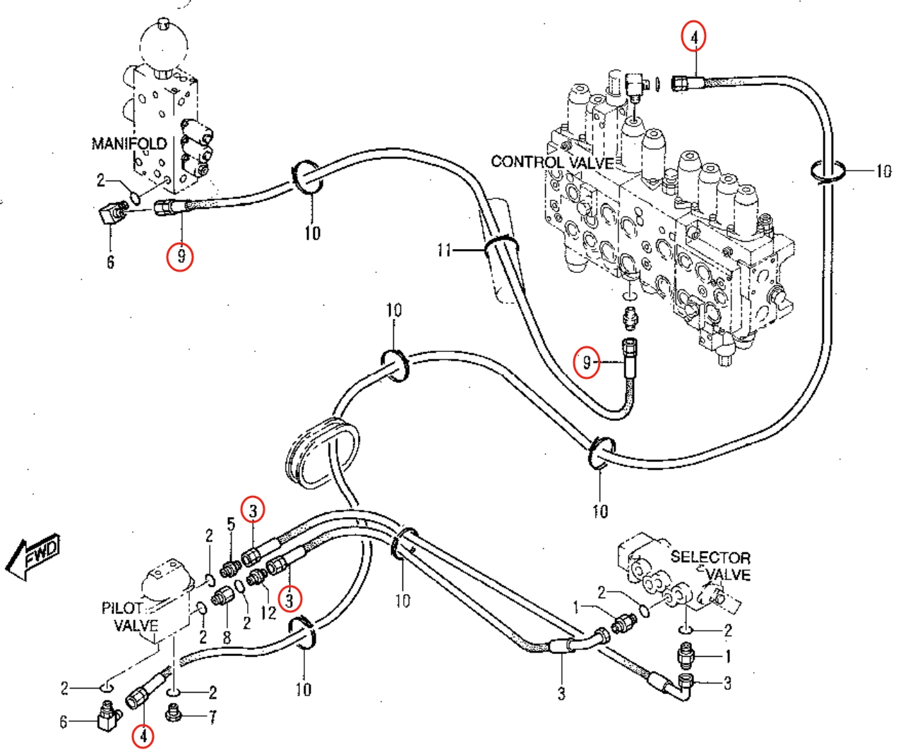 Caterpillar CAT®315-A L installation diagram showing hydraulic hose 7I-0187 at Pipe No. 9