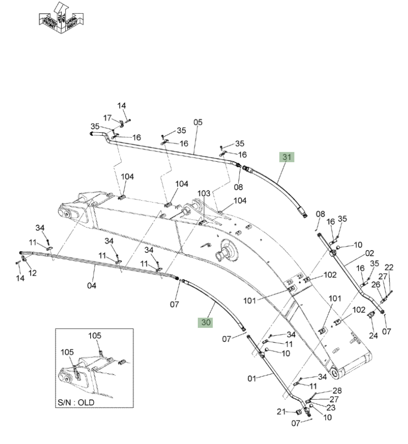 Hitachi ZX210W-3 installation diagram showing hydraulic hose 4649213 at Pipe No. 30
