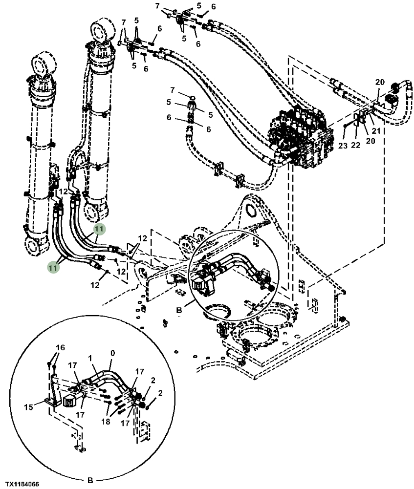 Hitachi ZX470-5A installation diagram showing hydraulic hose 4636821 at Pipe No. 11