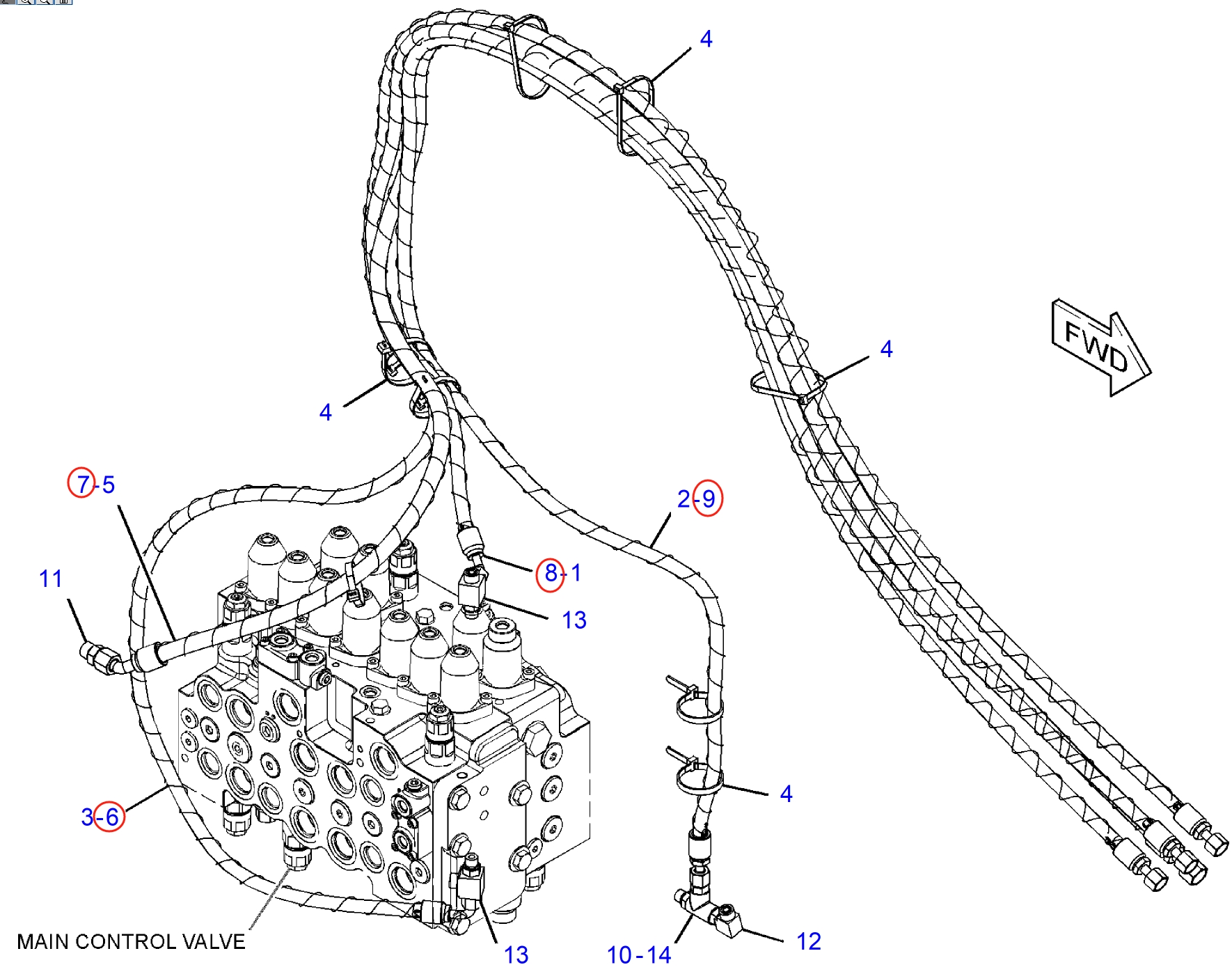 Caterpillar CAT®314E LCR installation diagram showing hydraulic hose 469-8626 at Pipe No. 9
