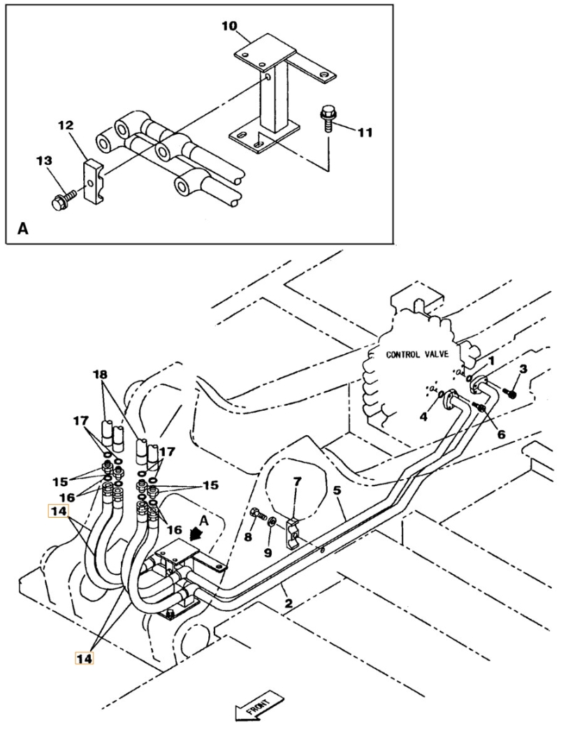 Case CX210 installation diagram showing hydraulic hose KRJ5760 at Pipe No. 14