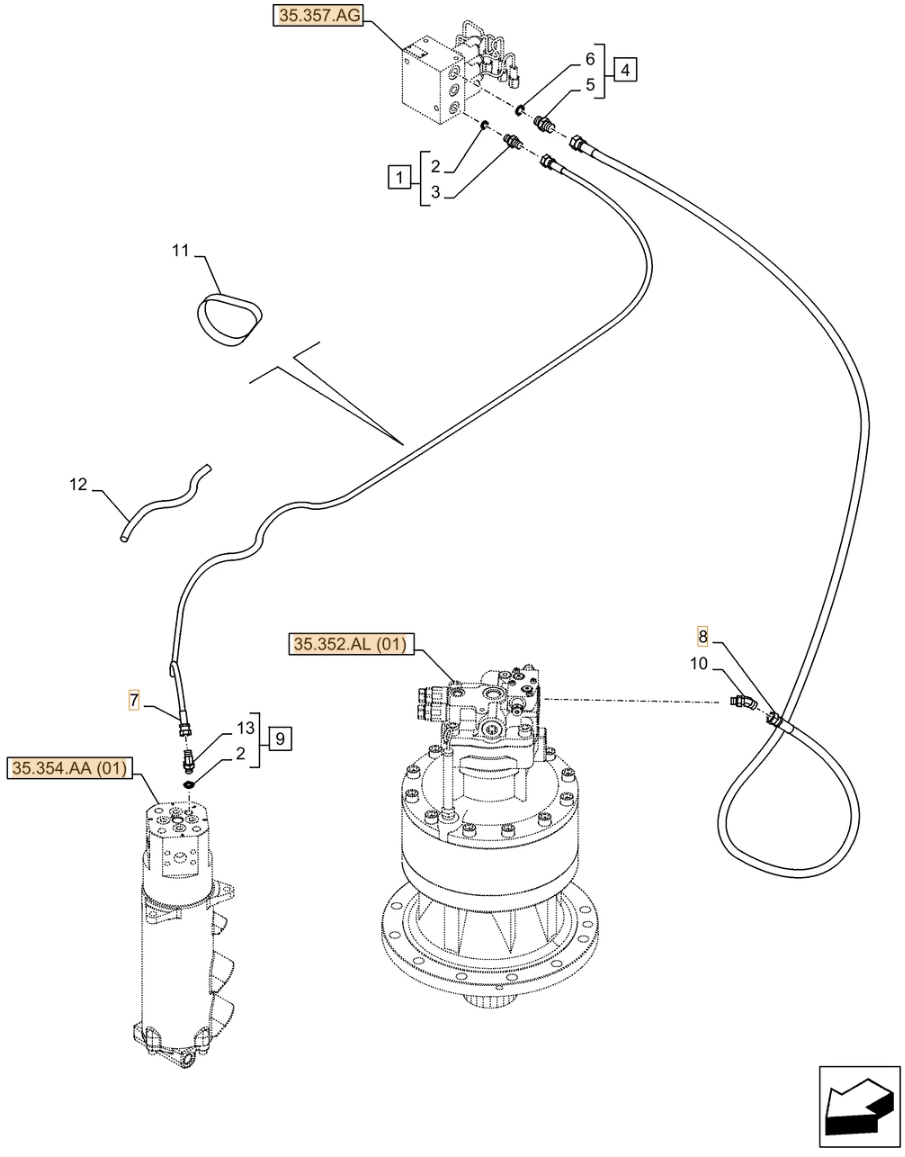 Case CX370D NLC installation diagram showing hydraulic hose KHJ2076 at Pipe No. 7
