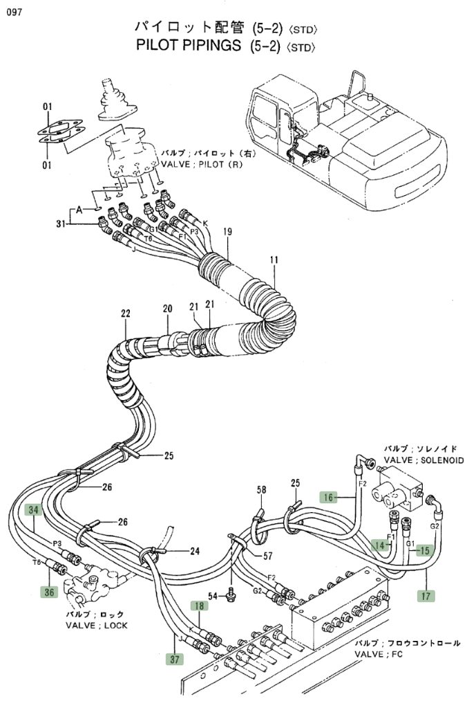 Hitachi EX300LC-3 installation diagram showing hydraulic hose 4287527 at Pipe No. 34