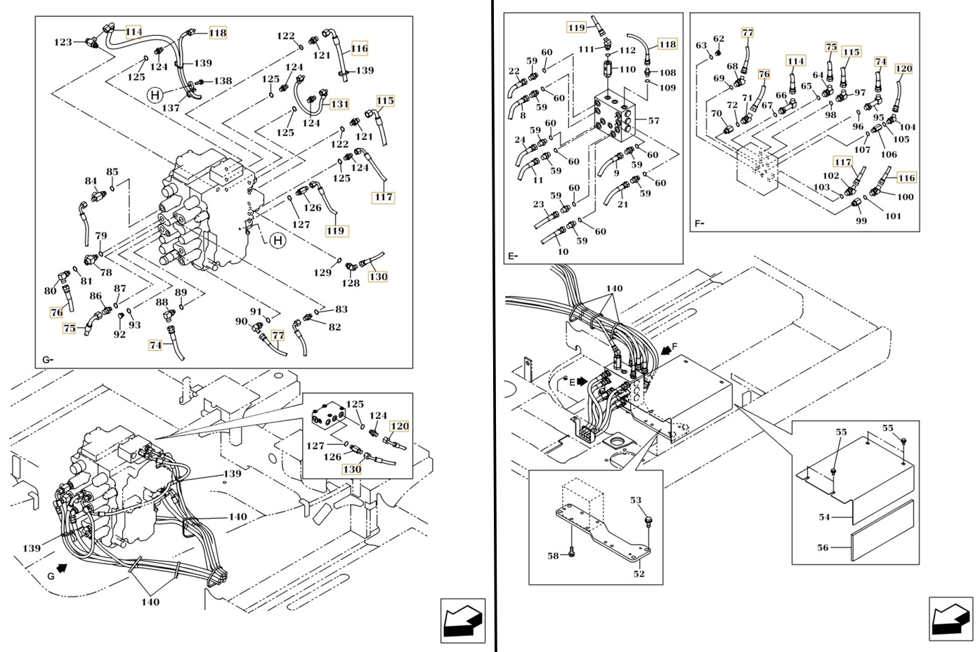 Case CX160C installation diagram showing hydraulic hose KHJ16200 at Pipe No. 130