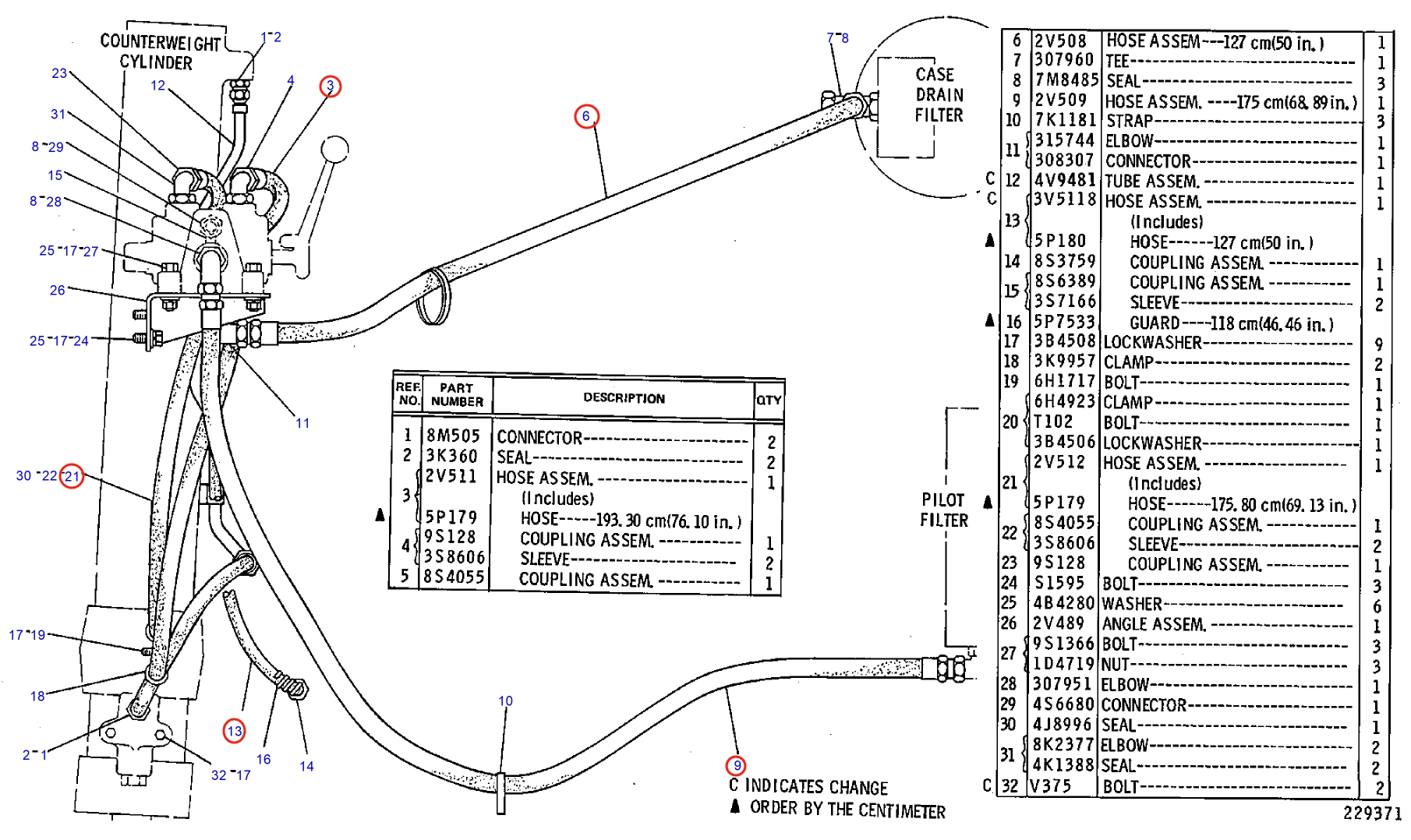 Caterpillar CAT®245 installation diagram showing hydraulic hose 2V-0509 at Pipe No. 9