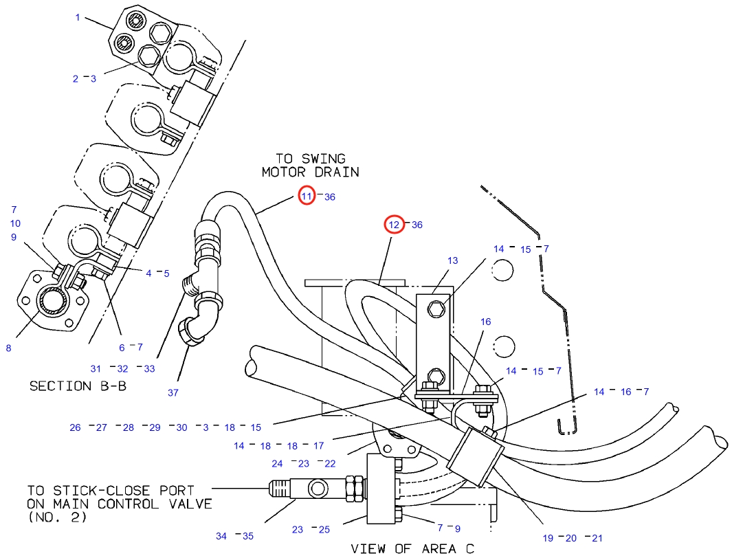 Caterpillar CAT®235D installation diagram showing hydraulic hose 2V-9299 at Pipe No. 11