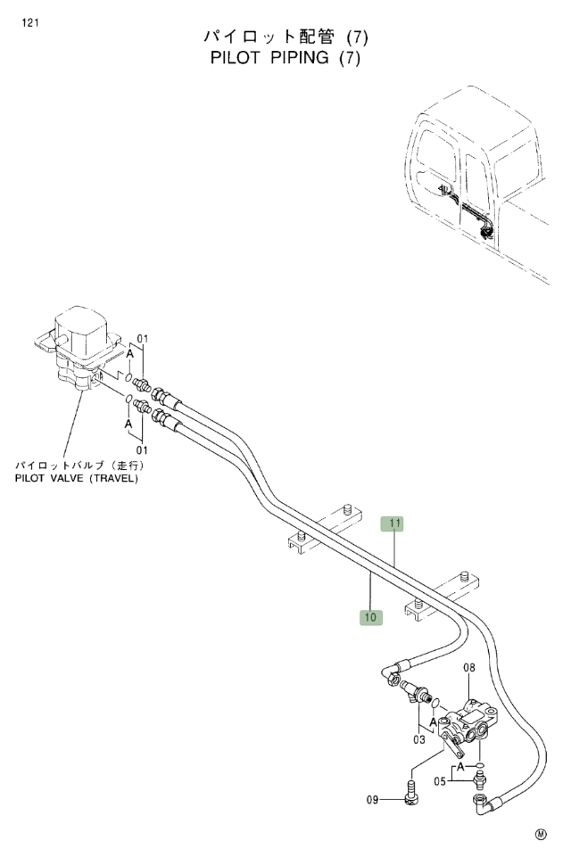 Hitachi EX330LC-5 installation diagram showing hydraulic hose 4360873 at Pipe No. 10