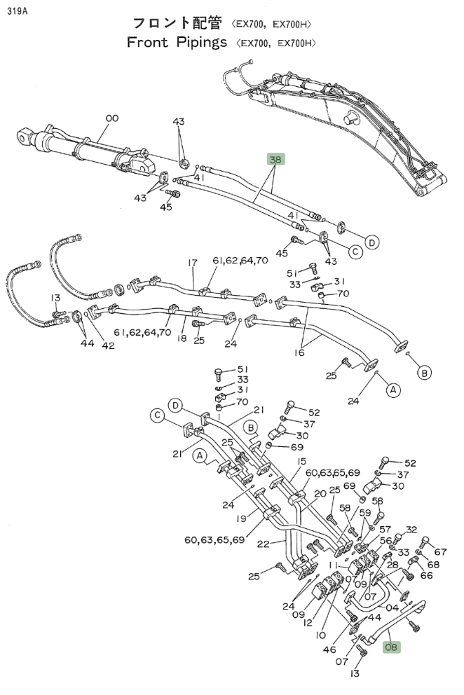 Hitachi EX700 installation diagram showing hydraulic hose 4219322 at Pipe No. 38