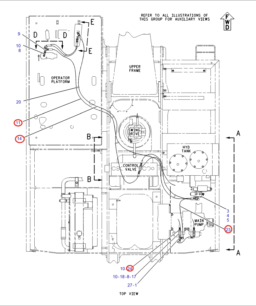 Caterpillar CAT®317-A N installation diagram showing hydraulic hose 4I-6242 at Pipe No. 14