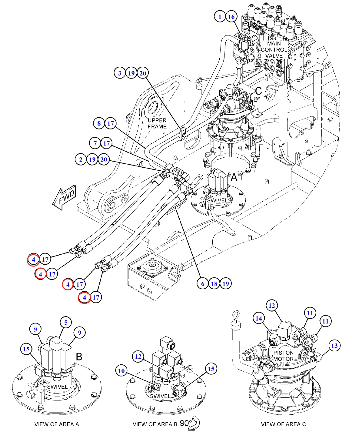 Caterpillar CAT®312F installation diagram showing hydraulic hose 123-2636 at Pipe No. 4