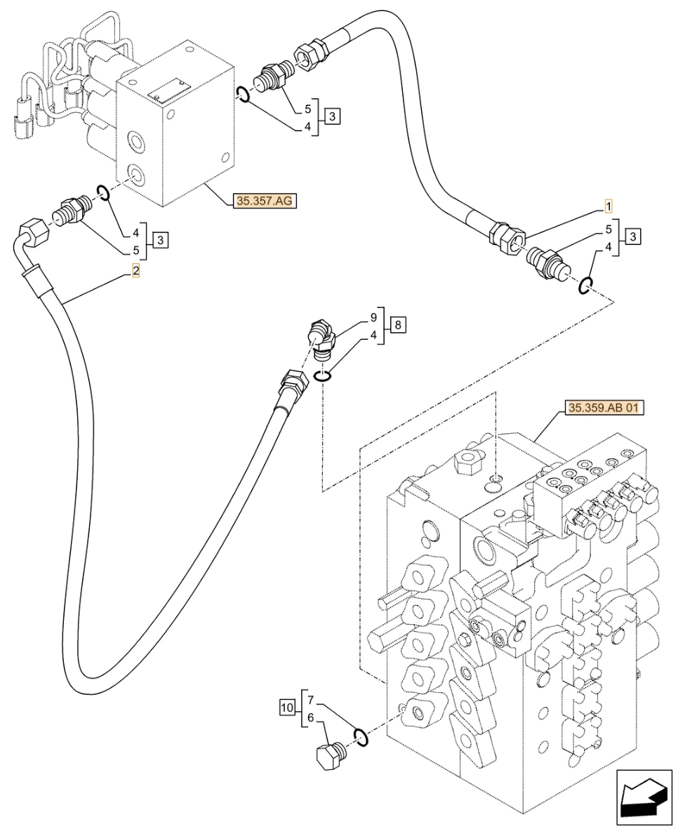 Case CX490D RTC installation diagram showing hydraulic hose KHJ2525 at Pipe No. 1