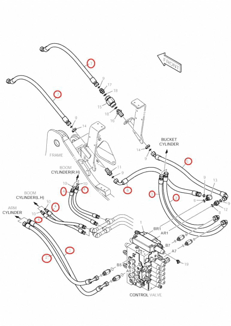 Doosan DX140LC installation diagram showing hydraulic hose DS2013318 at Pipe No. 2