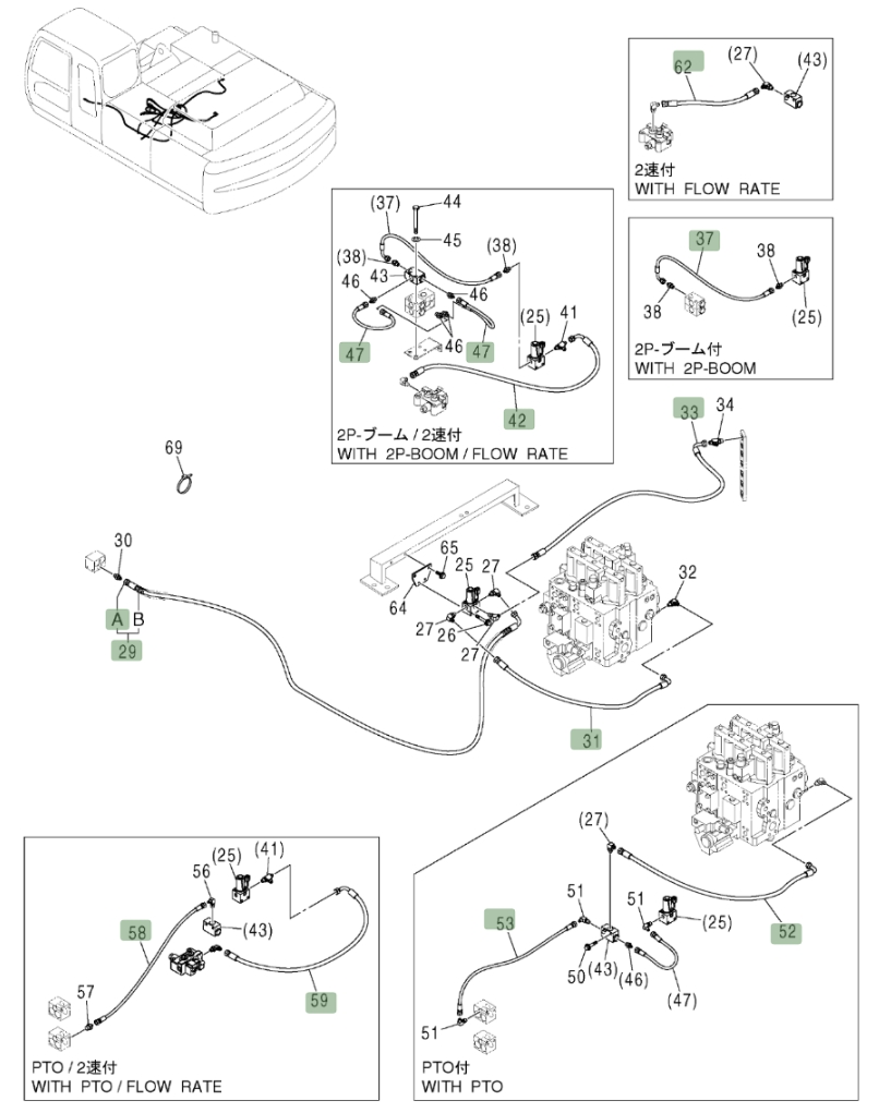 Hitachi ZX370 installation diagram showing hydraulic hose 4436267 at Pipe No. 62