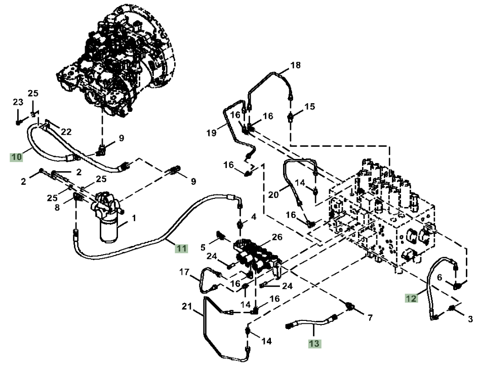 Hitachi ZX210LC-5A installation diagram showing hydraulic hose 4660684 at Pipe No. 13