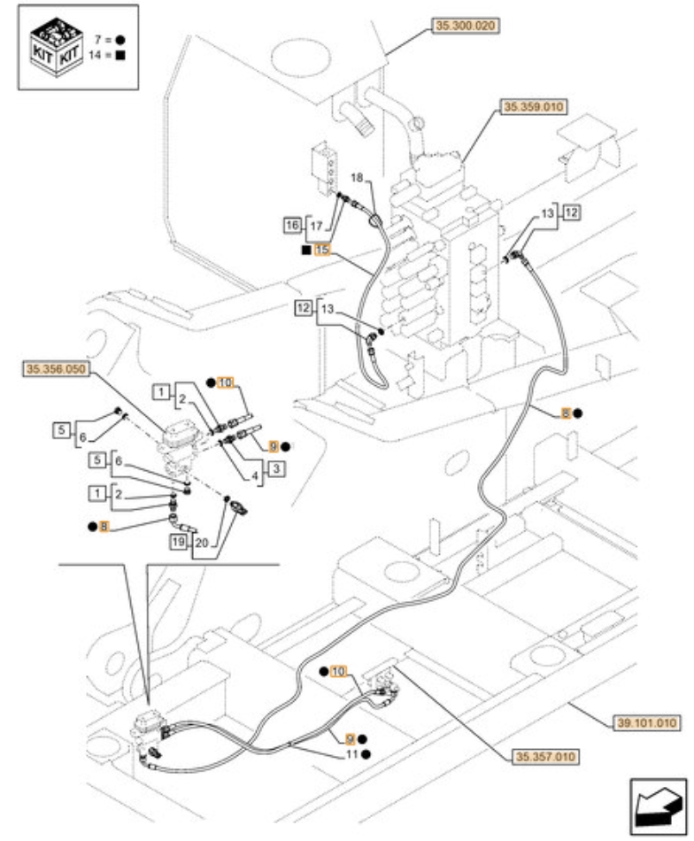 Case CX380D LC installation diagram showing hydraulic hose KHJ2093 at Pipe No. 9