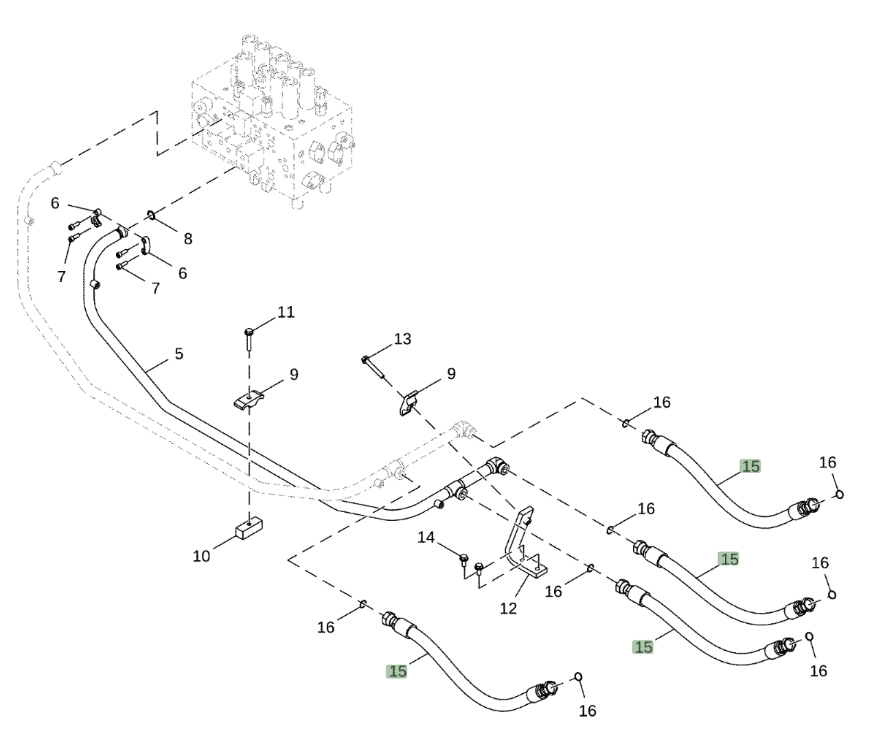 Hitachi ZX350LC-5N installation diagram showing hydraulic hose 4654322 at Pipe No. 15