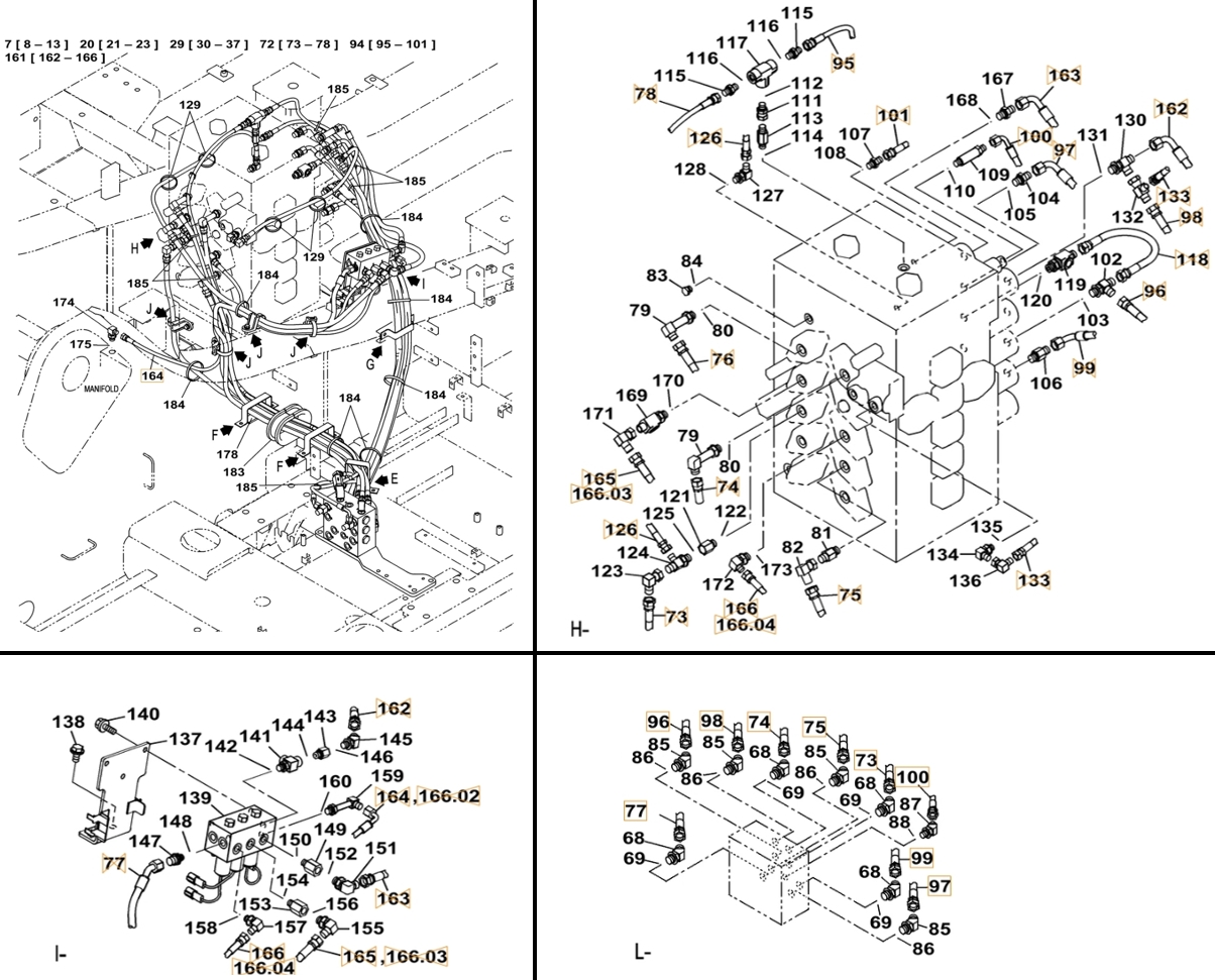 Case CX490C LC installation diagram showing hydraulic hose 157964A1 at Pipe No. 74