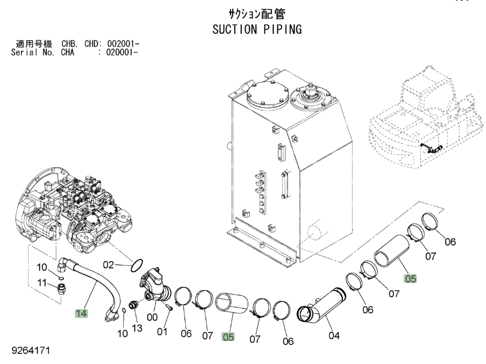 Hitachi ZX190W-3 installation diagram showing hydraulic hose 4668696 at Pipe No. 14