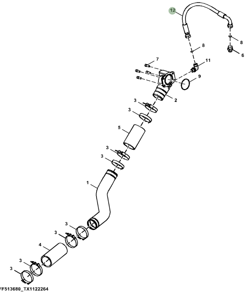 Hitachi ZX250LC-5G installation diagram showing hydraulic hose 4644625 at Pipe No. 12