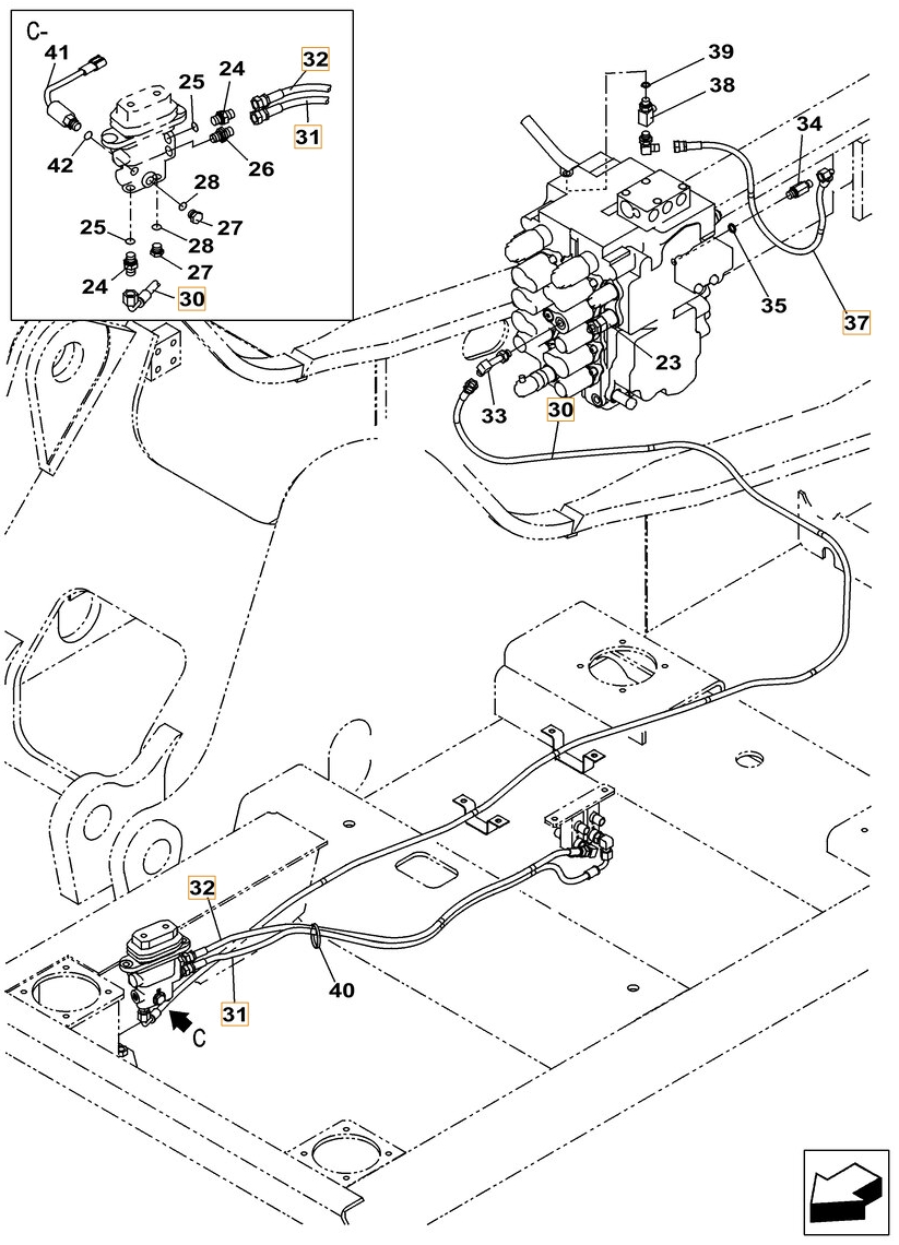 Case CX180C installation diagram showing hydraulic hose KHJ2092 at Pipe No. 31