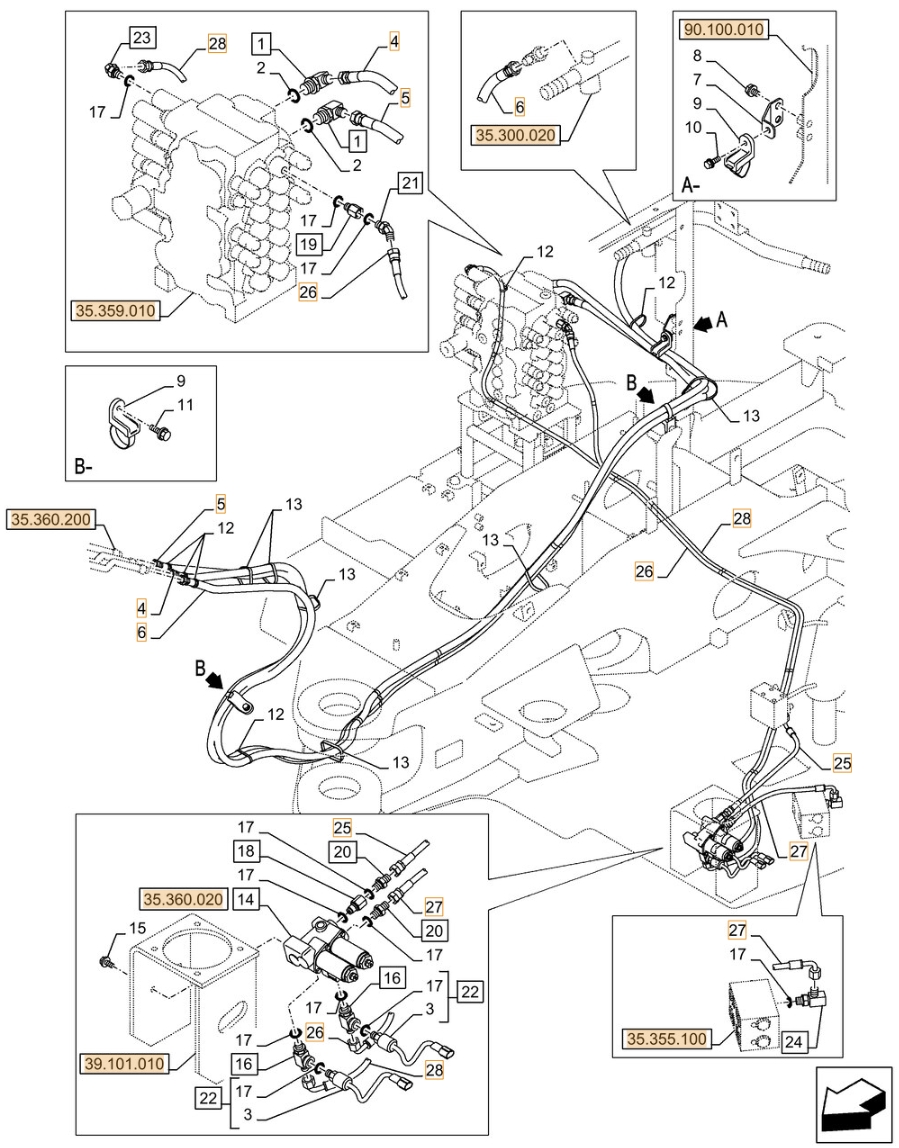 Case CX90D installation diagram showing hydraulic hose KHJ2165 at Pipe No. 28