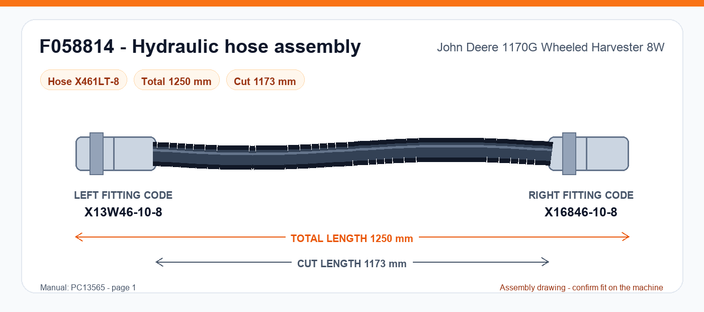 F058814 hydraulic hose assembly drawing for John Deere 1170G Wheeled Harvester 8W - 1,250 mm total length, left fitting X13W46-10-8, right fitting X16846-10-8