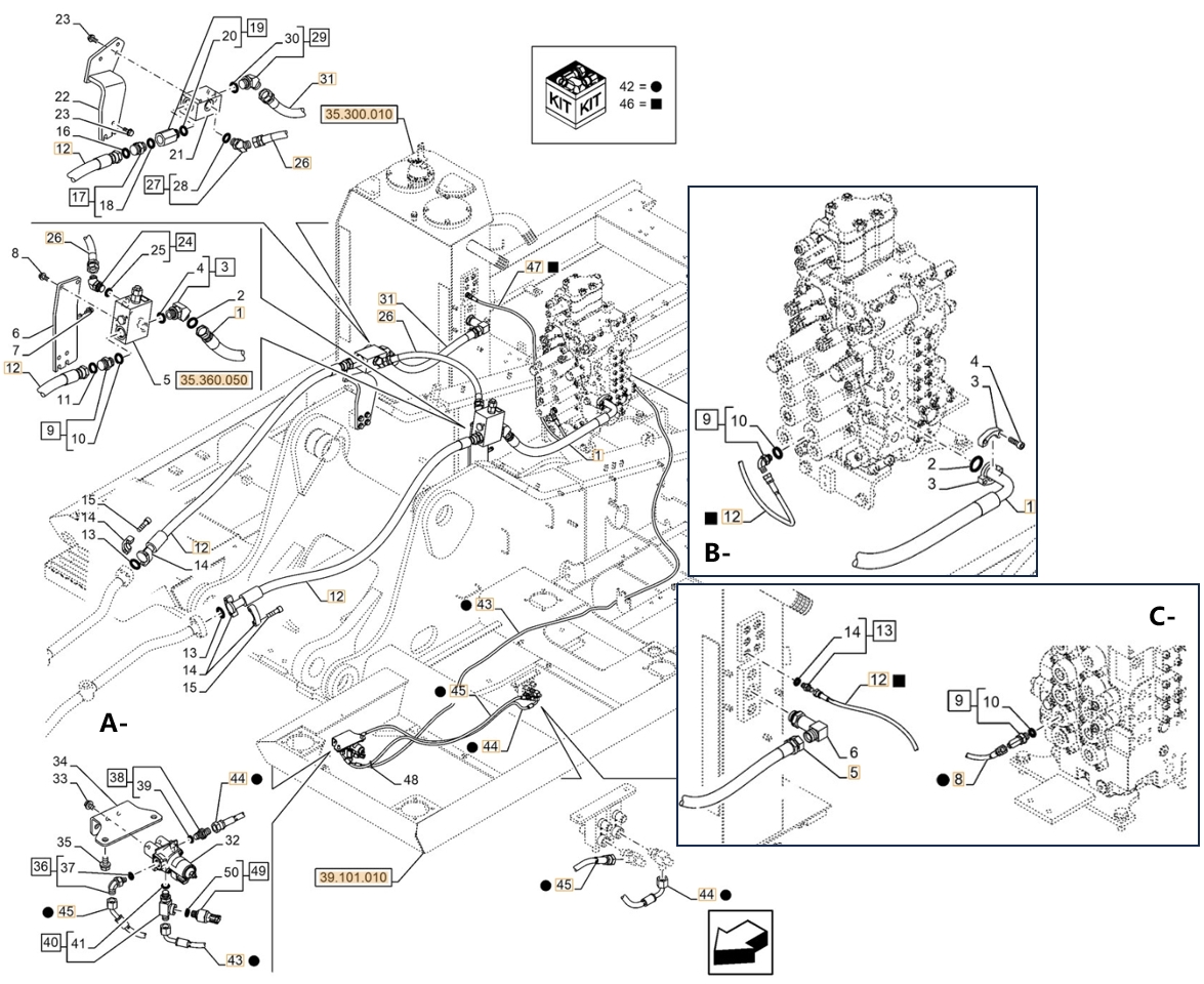 Case CX300E LC installation diagram showing hydraulic hose KHJ2092 at Pipe No. A44