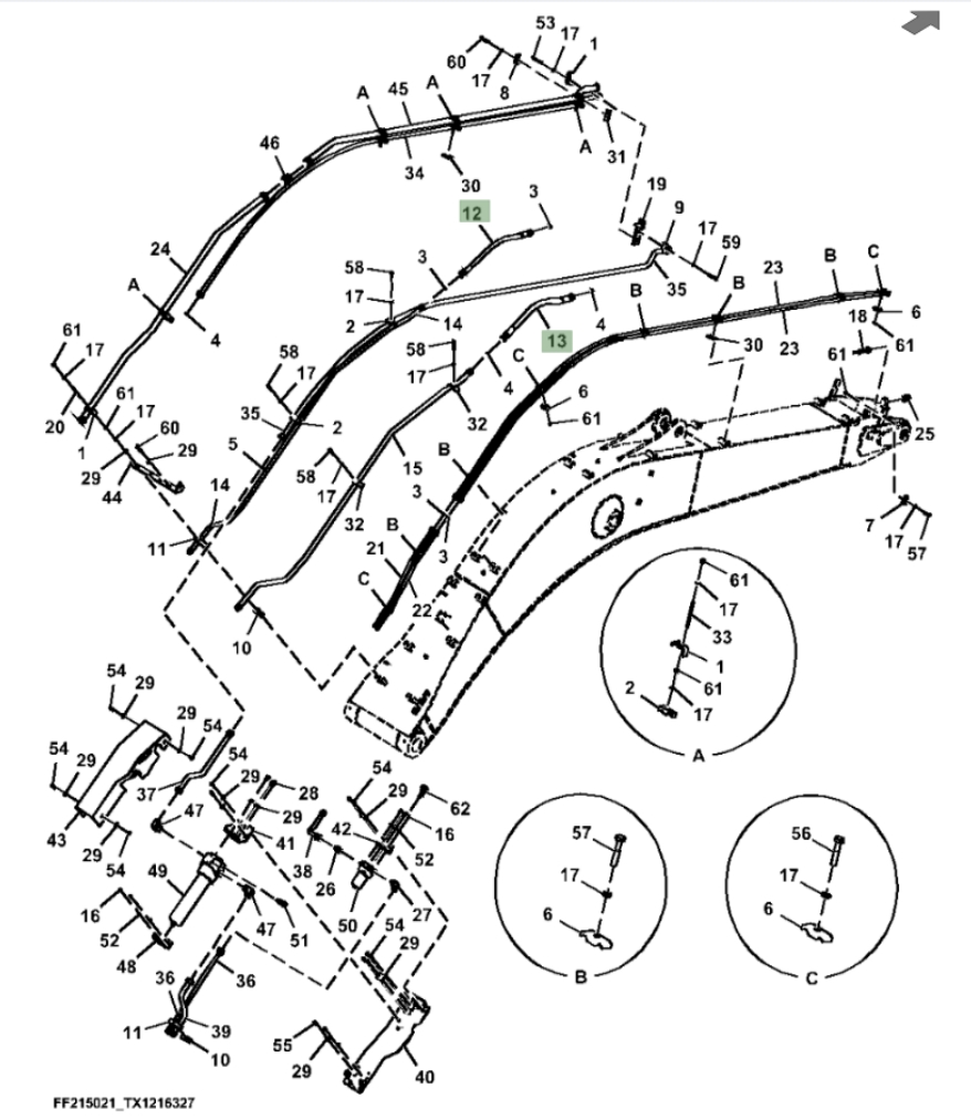 Hitachi ZX210F-FE-6N installation diagram showing hydraulic hose 4676586 at Pipe No. 12